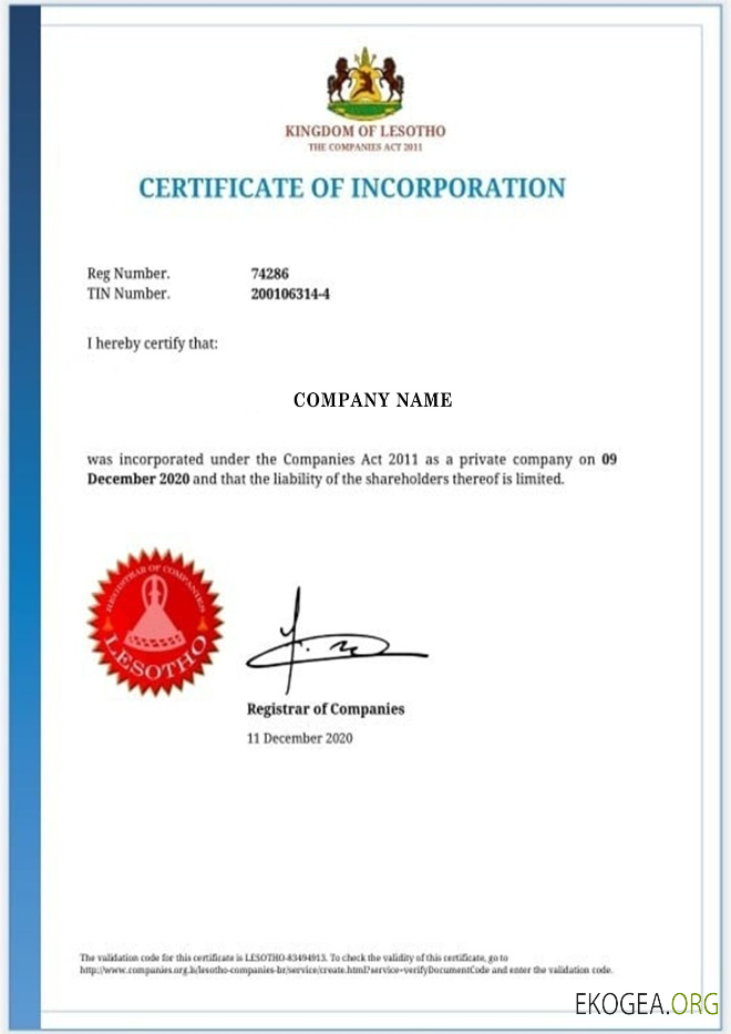 Certificat de constitution du Lesotho